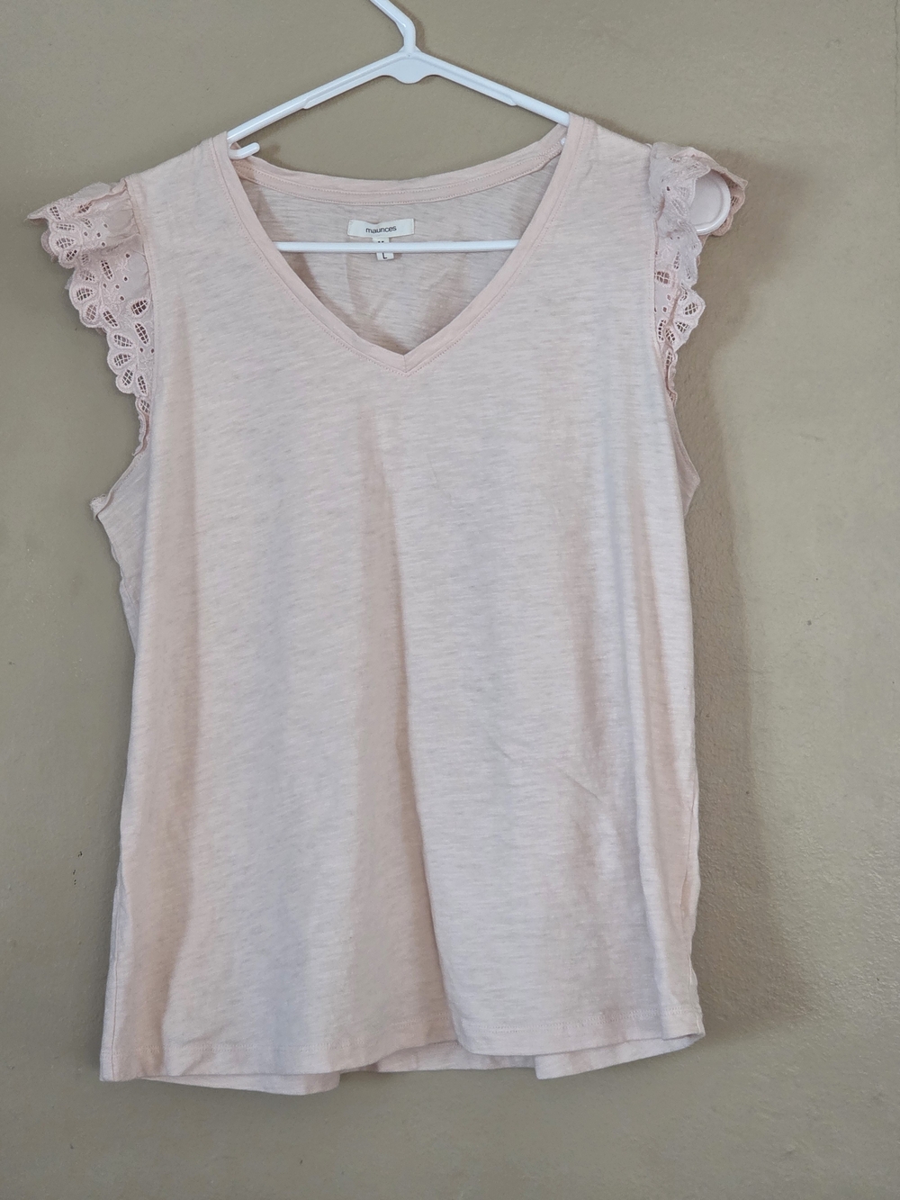 Maurices 24/7 Light Pink Sleeveless V-Neck Tank with Lace Cap Sleeves